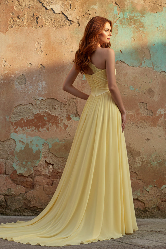 A-Line Chiffon Butter Yellow One Shoulder Ruched Maxi Dress with Slit