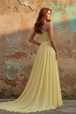 A-Line Chiffon Butter Yellow One Shoulder Ruched Maxi Dress with Slit