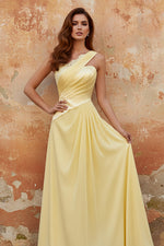 A-Line Chiffon Butter Yellow One Shoulder Ruched Maxi Dress with Slit