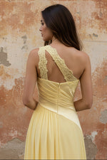 A-Line Chiffon Butter Yellow One Shoulder Ruched Maxi Dress with Slit