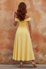 A-Line Off the Shoulder Yellow Corset Maxi Dress with Slit