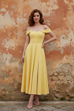 A-Line Off the Shoulder Yellow Corset Maxi Dress with Slit