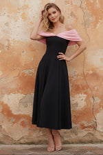 Black A-Line Off the Shoulder Ruched Midi Dress