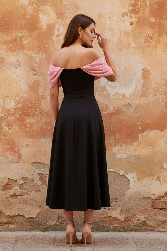 Black A-Line Off the Shoulder Ruched Midi Dress