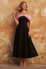 Black A-Line Off the Shoulder Ruched Midi Dress