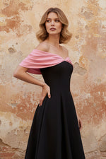 Black A-Line Off the Shoulder Ruched Midi Dress