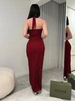 Sexy Red Halter Beaded Sequins Sparkle Sleeveless Mermaid Ankle-Length Evening Dress