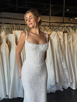 Spaghetti Straps Square Neck Sleeveless Sparkle Flowers Mermaid Wedding Dress