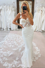Gorgeous Mermaid V Neck Elastic Satin Wedding Dress with Appliques
