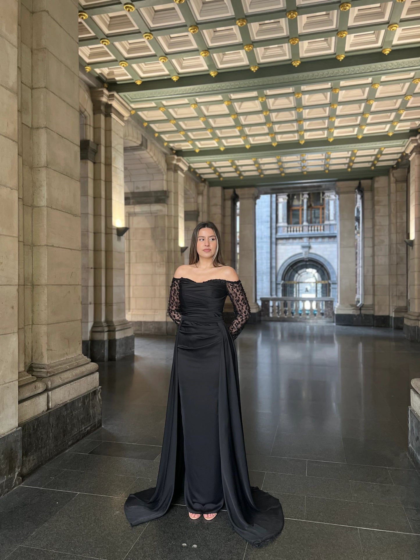 Black Off the Shoulder Lace Sleeve Beaded Mermiad Court Train Floor-length Evening Dress