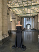 Black Off the Shoulder Lace Sleeve Beaded Mermiad Court Train Floor-length Evening Dress