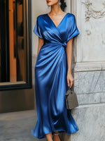 Elegant Sapphire Lace-up Satin Dress