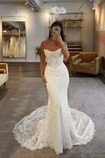 Bohomian Mermaid Scoop Neck Lace Wedding Dress with Appliques