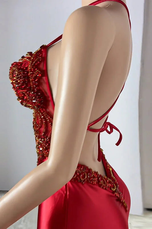 Burgundy Halter Sleeveless Mermaid Evening Dress With Crystals