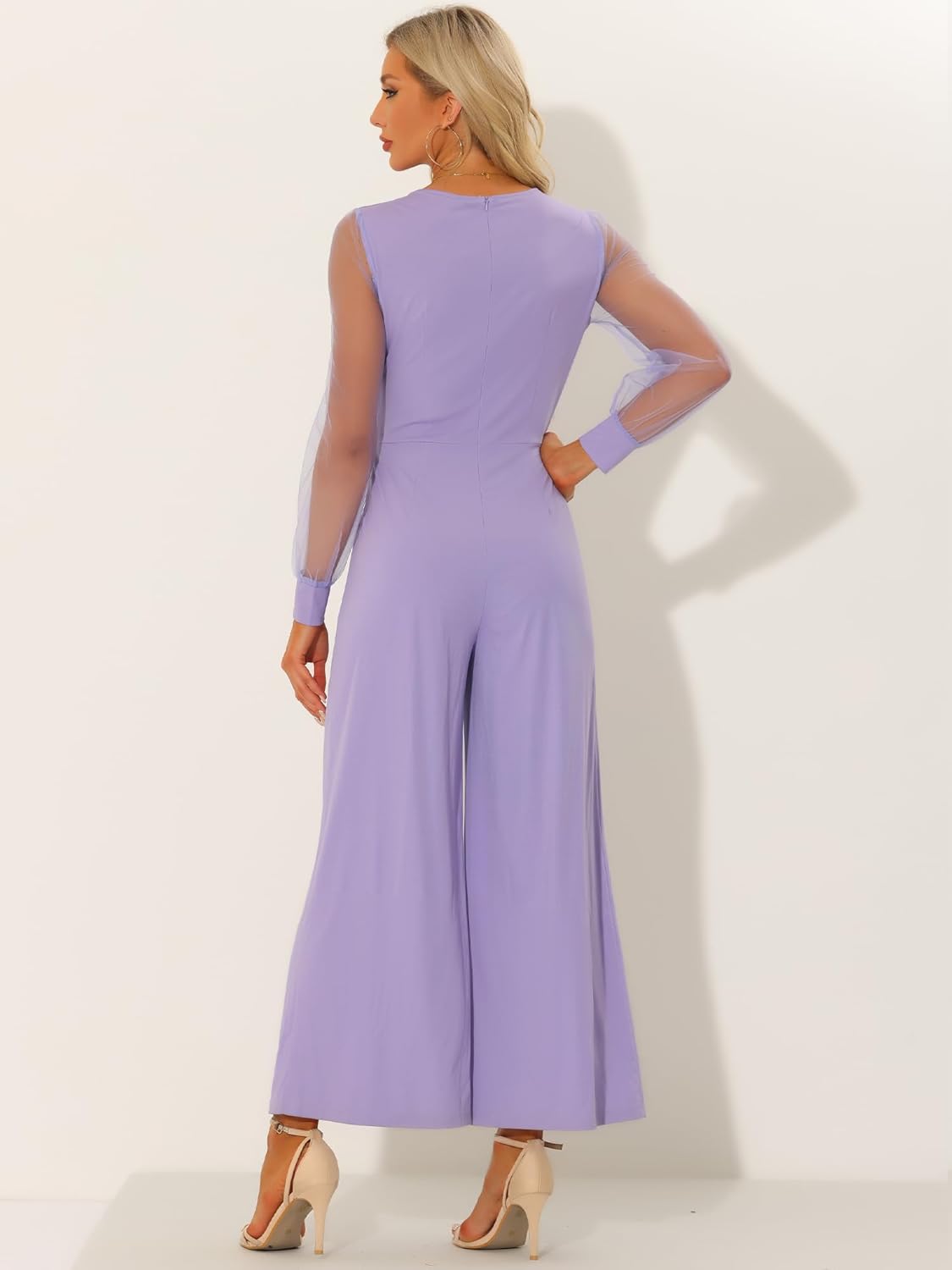 Elegant V Neck Mesh Long Sleeve Loose Wide Leg Romper Party Jumpsuits