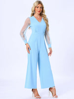 Elegant V Neck Mesh Long Sleeve Loose Wide Leg Romper Party Jumpsuits
