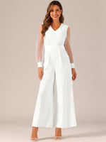 Elegant V Neck Mesh Long Sleeve Loose Wide Leg Romper Party Jumpsuits
