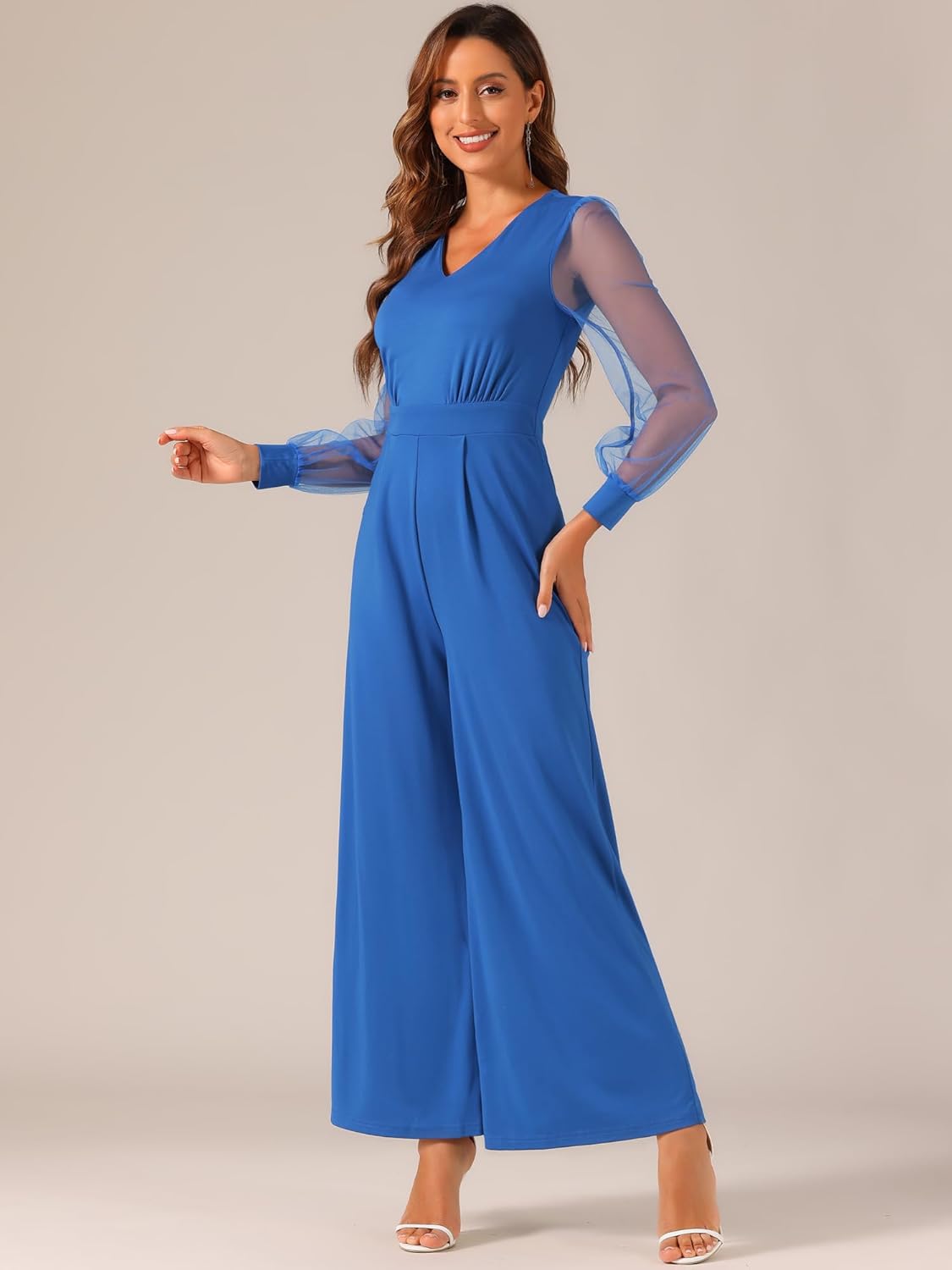 Elegant V Neck Mesh Long Sleeve Loose Wide Leg Romper Party Jumpsuits