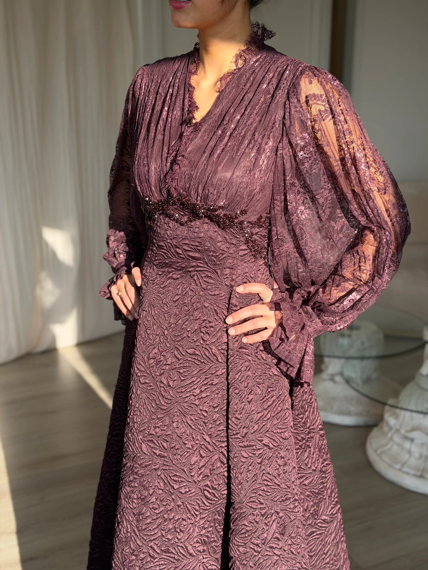 Lace V-Neck Putty Long Sleeve A-Line Ankle-Length Evening Dress