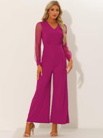 Elegant V Neck Mesh Long Sleeve Loose Wide Leg Romper Party Jumpsuits