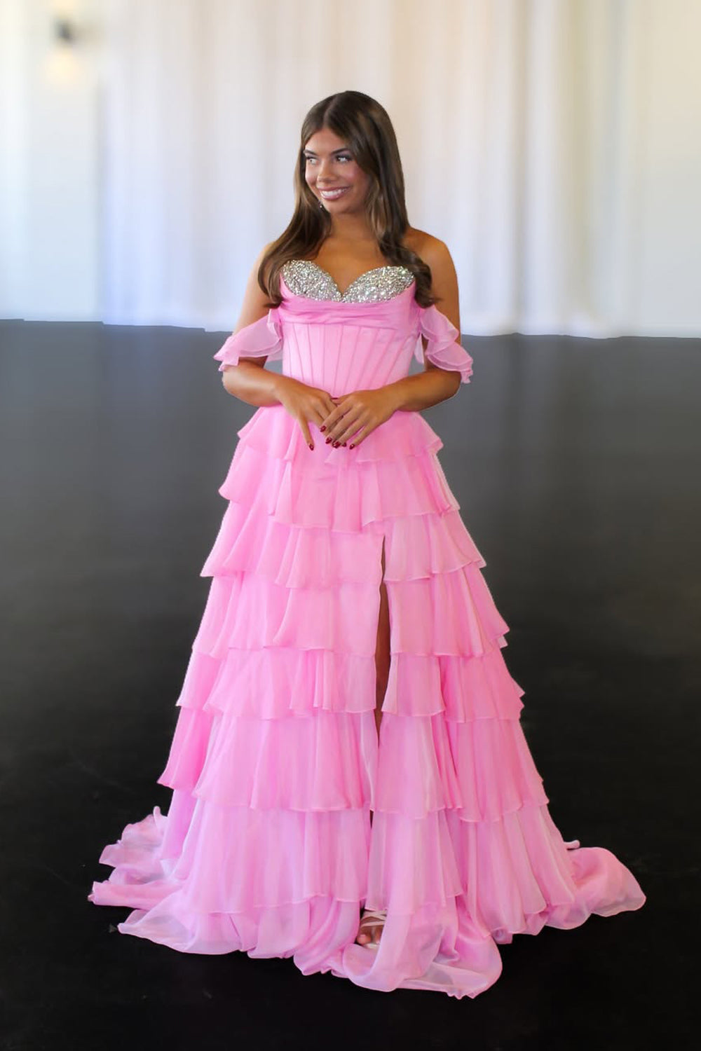Gorgeous A Line Sweetheart Pink Chiffon Tiered Prom Dress with Beading