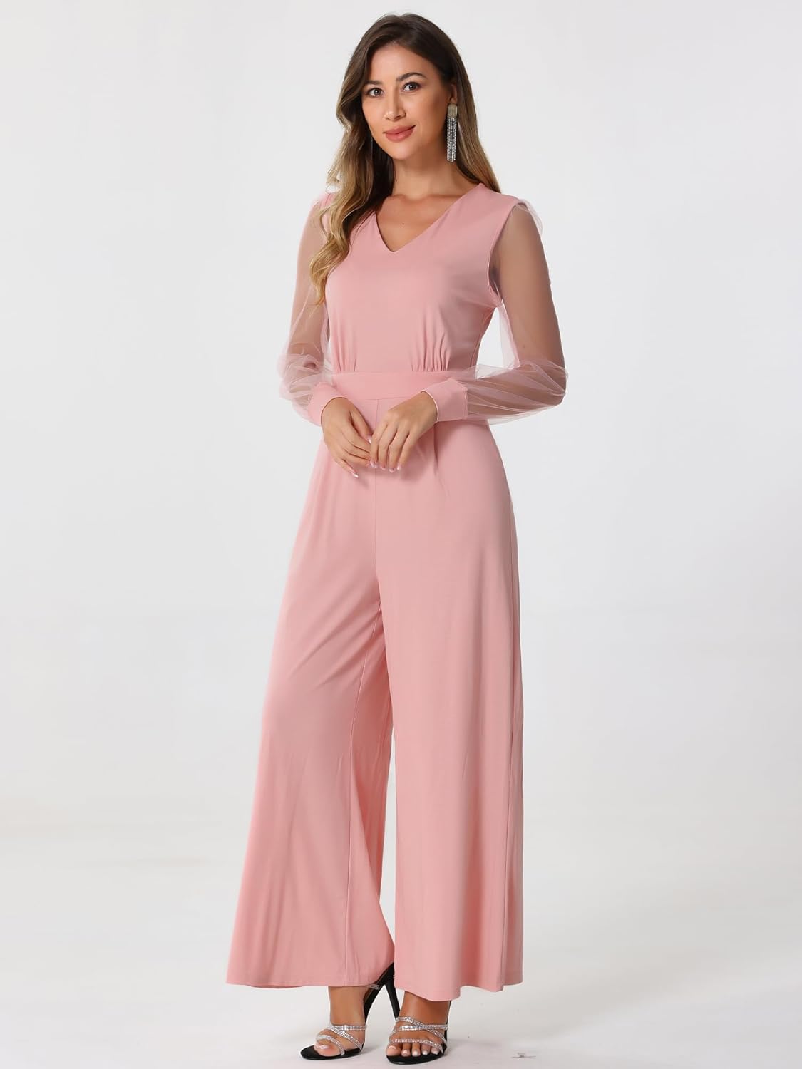 Elegant V Neck Mesh Long Sleeve Loose Wide Leg Romper Party Jumpsuits