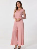 Elegant V Neck Mesh Long Sleeve Loose Wide Leg Romper Party Jumpsuits