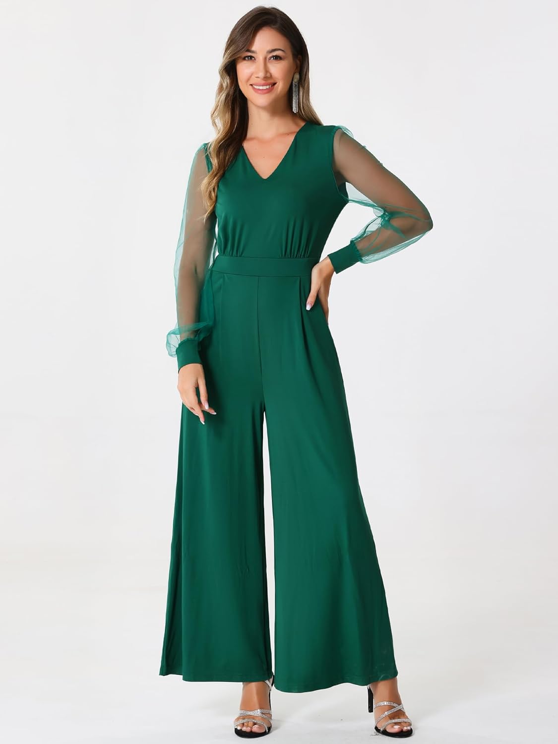 Elegant V Neck Mesh Long Sleeve Loose Wide Leg Romper Party Jumpsuits