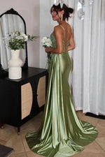 Sage Green Embellished Corset Satin Prom Dres with High Slit