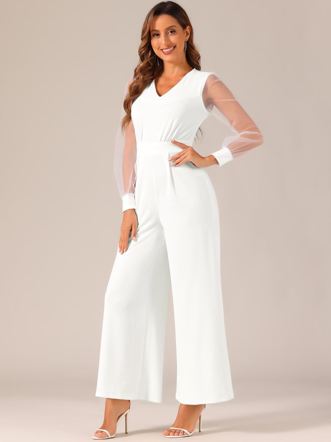 Elegant V Neck Mesh Long Sleeve Loose Wide Leg Romper Party Jumpsuits