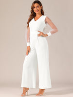 Elegant V Neck Mesh Long Sleeve Loose Wide Leg Romper Party Jumpsuits