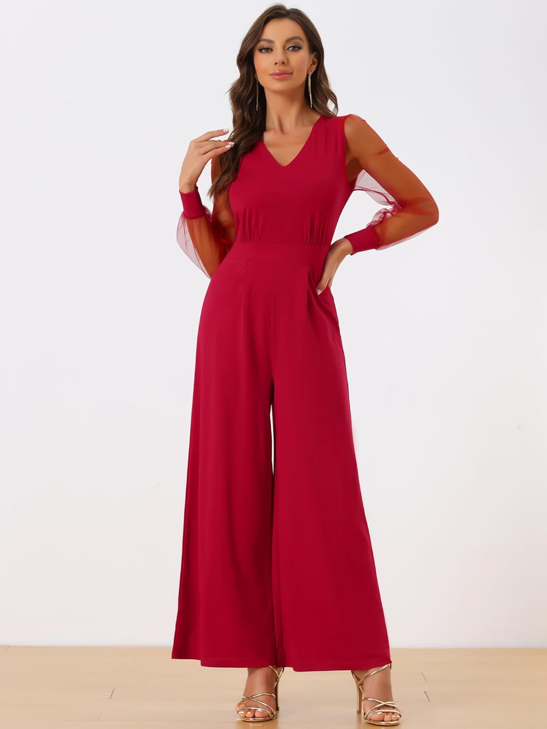 Elegant V Neck Mesh Long Sleeve Loose Wide Leg Romper Party Jumpsuits