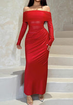 Sexy Mesh Off Shoulder Dress Elegant Sheer See Through Long Sleeve Ruched Bodycon Maxi Dresses