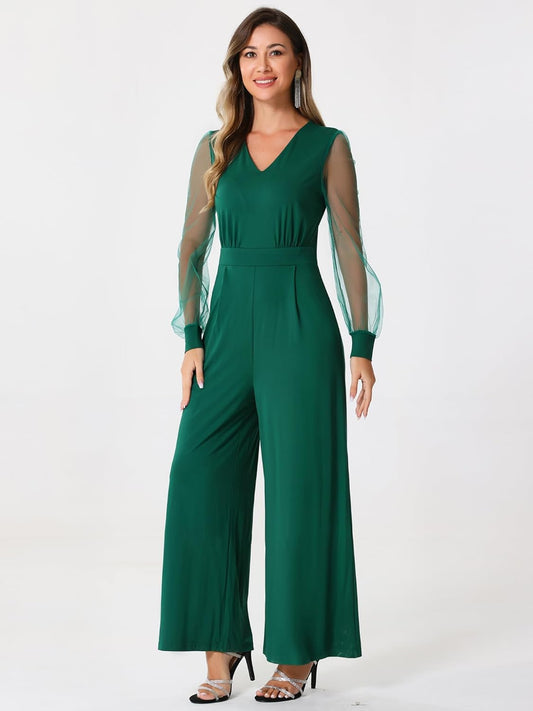 Elegant V Neck Mesh Long Sleeve Loose Wide Leg Romper Party Jumpsuits