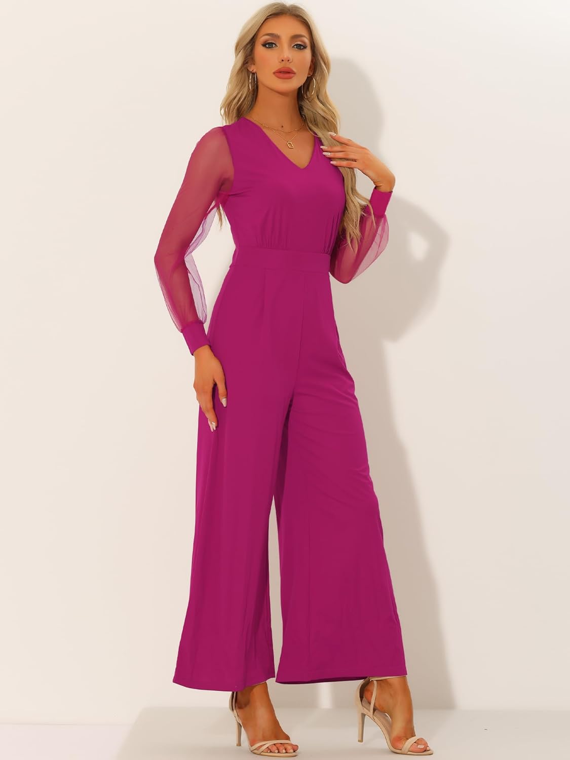 Elegant V Neck Mesh Long Sleeve Loose Wide Leg Romper Party Jumpsuits