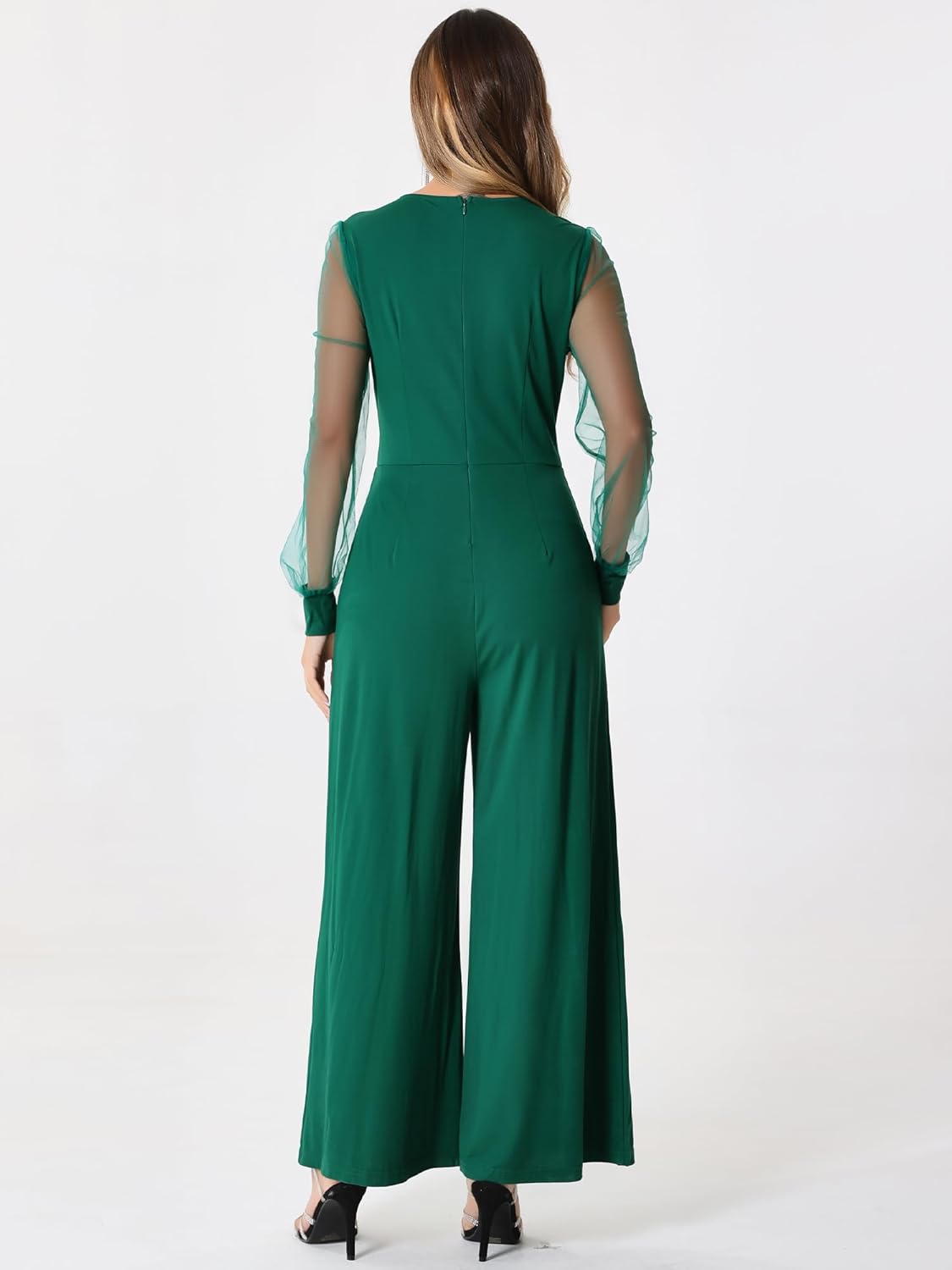 Elegant V Neck Mesh Long Sleeve Loose Wide Leg Romper Party Jumpsuits