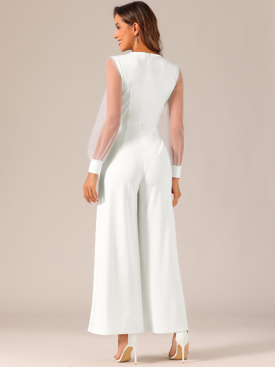 Elegant V Neck Mesh Long Sleeve Loose Wide Leg Romper Party Jumpsuits