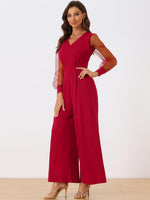 Elegant V Neck Mesh Long Sleeve Loose Wide Leg Romper Party Jumpsuits