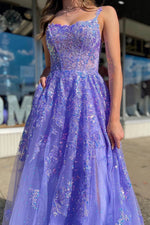 Glamorous Lavender Sequin Scoop Neck A-Line Prom Dress with Slit