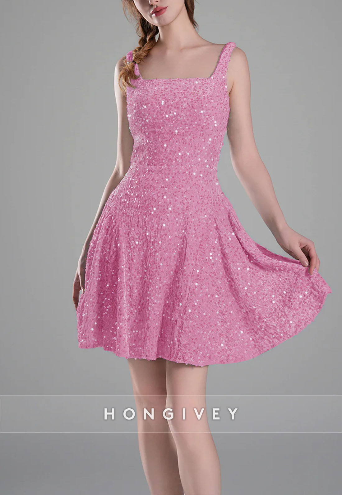 Square Neck Sequined A-Line Regular Straps Short Homecoming Dress