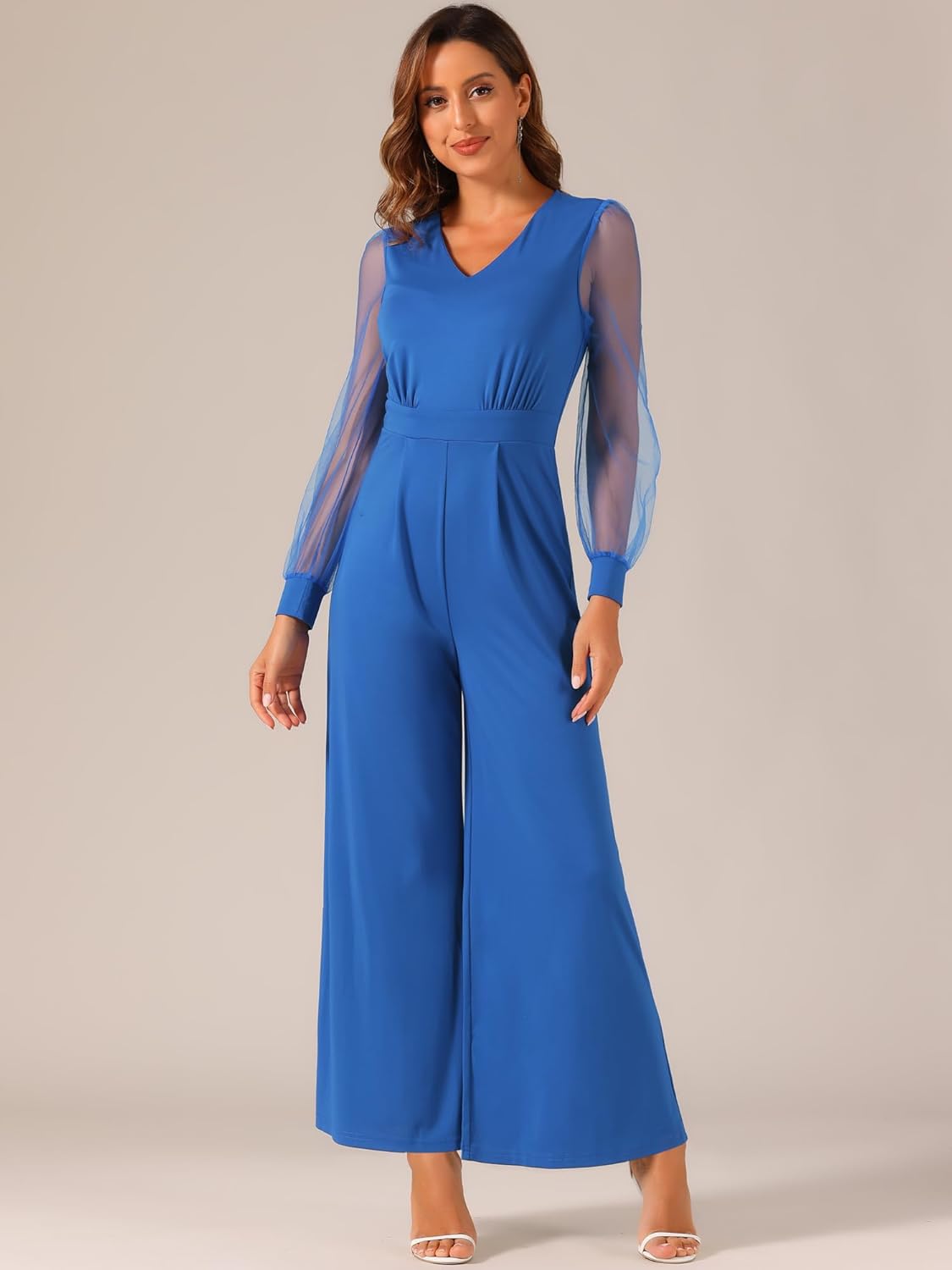 Elegant V Neck Mesh Long Sleeve Loose Wide Leg Romper Party Jumpsuits