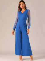 Elegant V Neck Mesh Long Sleeve Loose Wide Leg Romper Party Jumpsuits