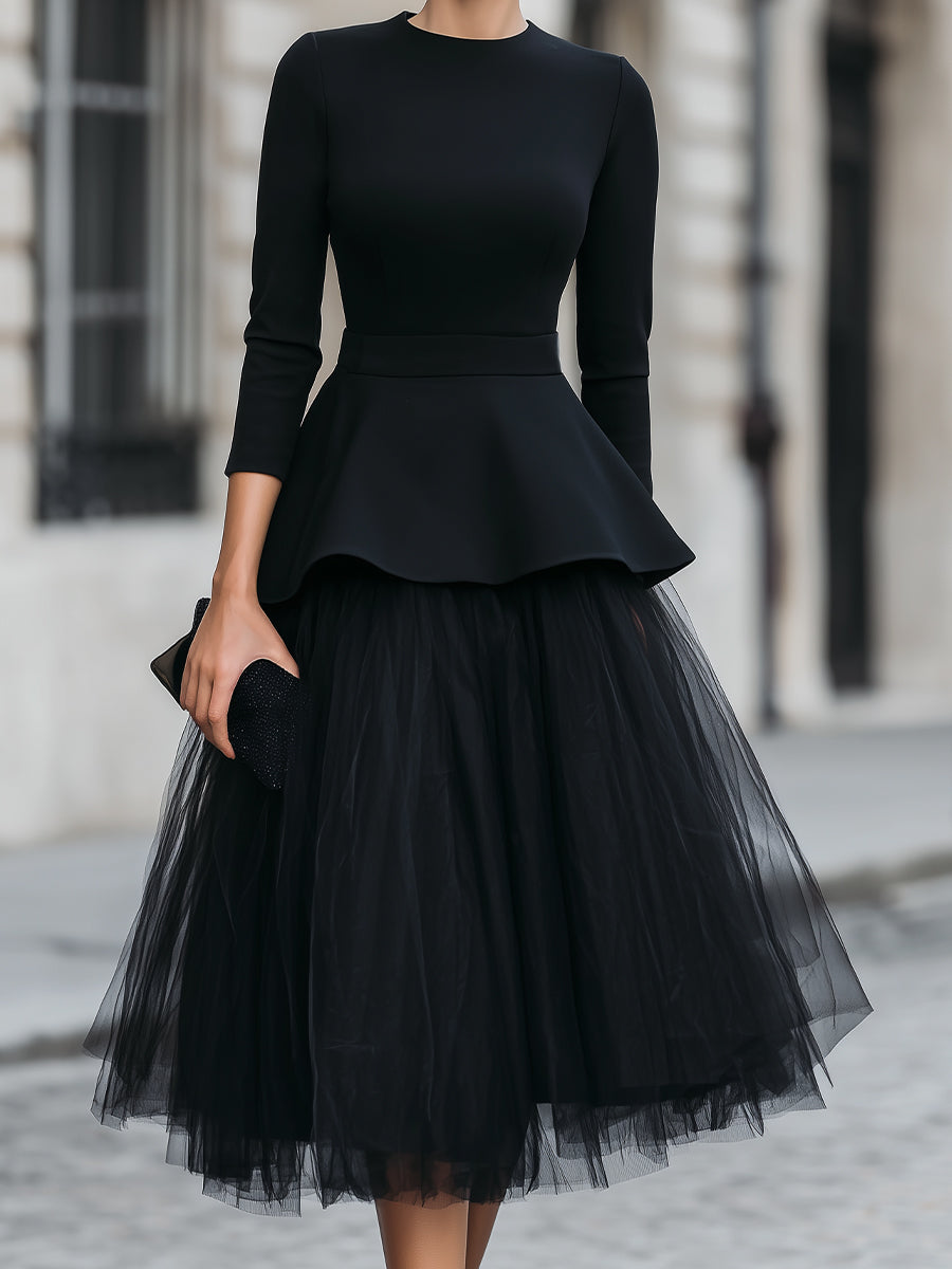 Structured Peplum Top and Layered Midi Skirt Set