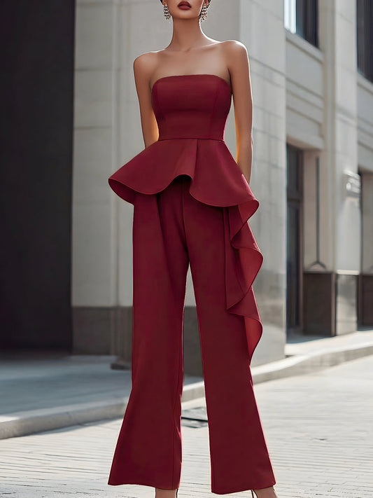 Strapless Sculpted Peplum Wide-Leg Jumpsuit