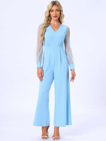 Elegant V Neck Mesh Long Sleeve Loose Wide Leg Romper Party Jumpsuits
