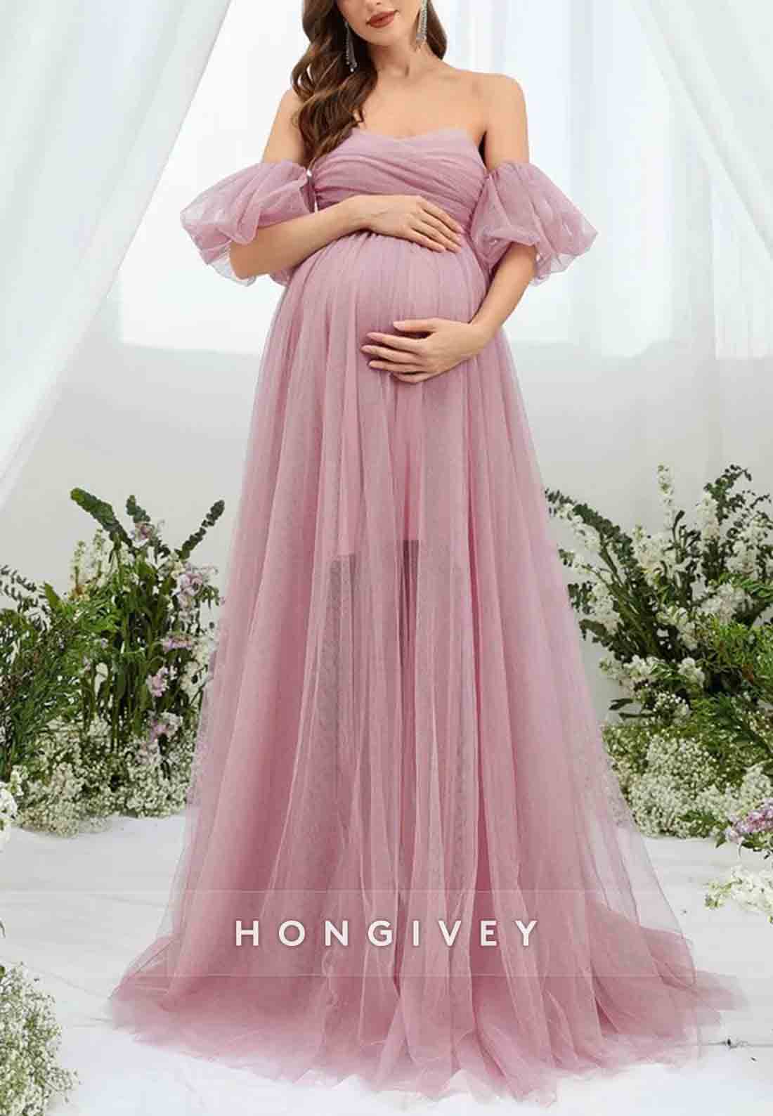 Maternity Sweetheart Off the Shoulder Puff Sleeve Mesh Overlay Wedding Dress