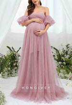 Maternity Sweetheart Off the Shoulder Puff Sleeve Mesh Overlay Wedding Dress