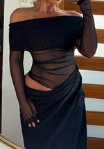 Sexy Mesh Off Shoulder Dress Elegant Sheer See Through Long Sleeve Ruched Bodycon Maxi Dresses