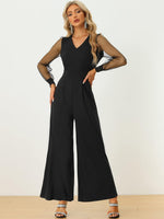 Elegant V Neck Mesh Long Sleeve Loose Wide Leg Romper Party Jumpsuits