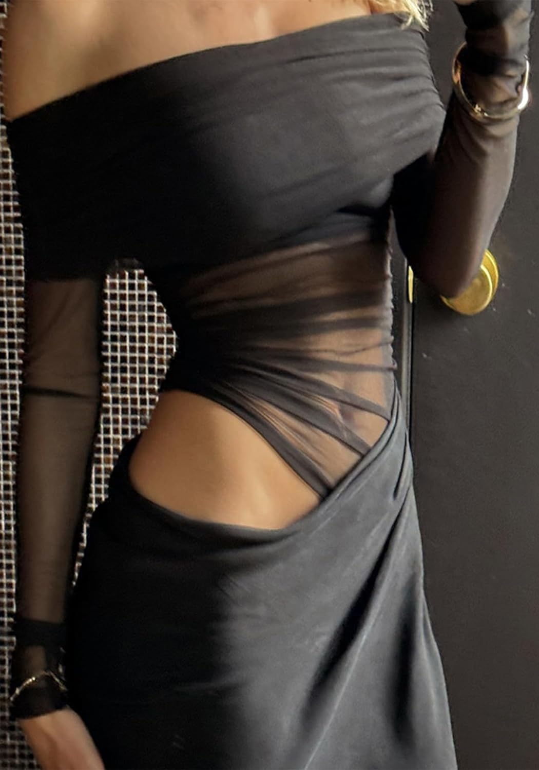 Sexy Mesh Off Shoulder Dress Elegant Sheer See Through Long Sleeve Ruched Bodycon Maxi Dresses